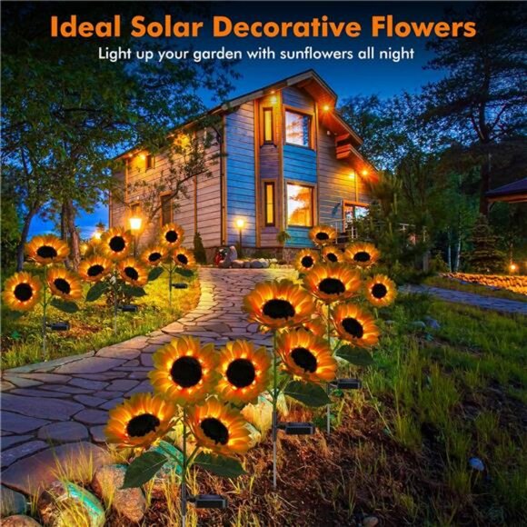 Solar Garden Light w Real Looking Flowers Outdoor Waterproof Solar Stake Lights - Picture 3 of 7